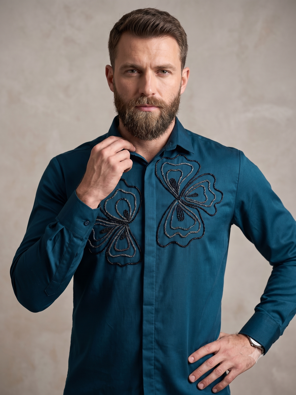 Teal Glass Bead Hand Embroidered Floral Shirt PWY253