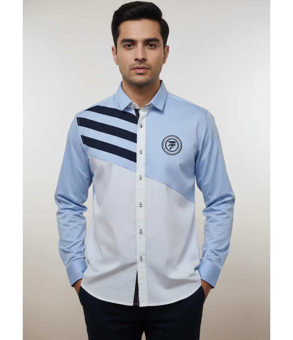 Men’s Premium Asymmetrical Nautical Block Regular Fit Shirt – Sky Blue & White Contrast (JWM125)