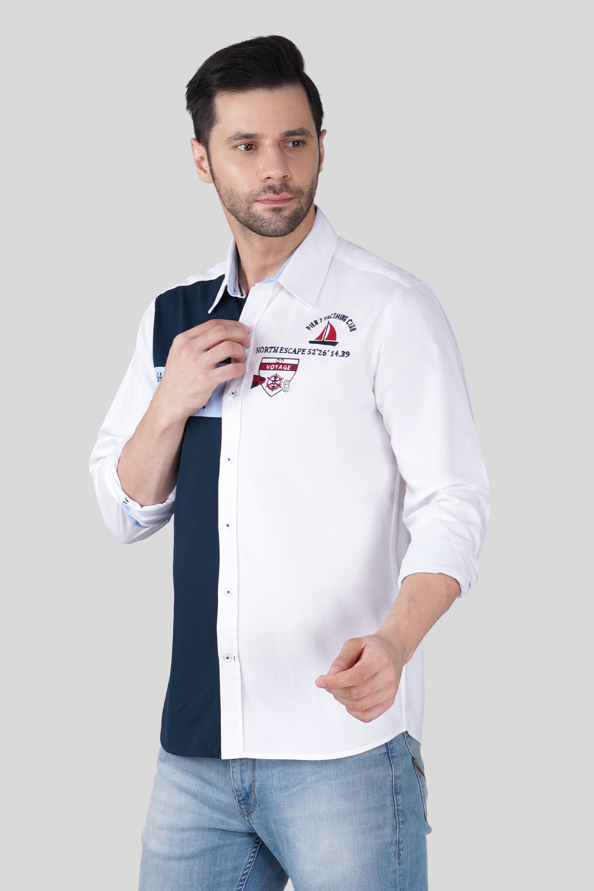 Pier Seven Luxe Cotton Embroided Regular Fit Shirt for Men - White (JWM024) Pier Seven