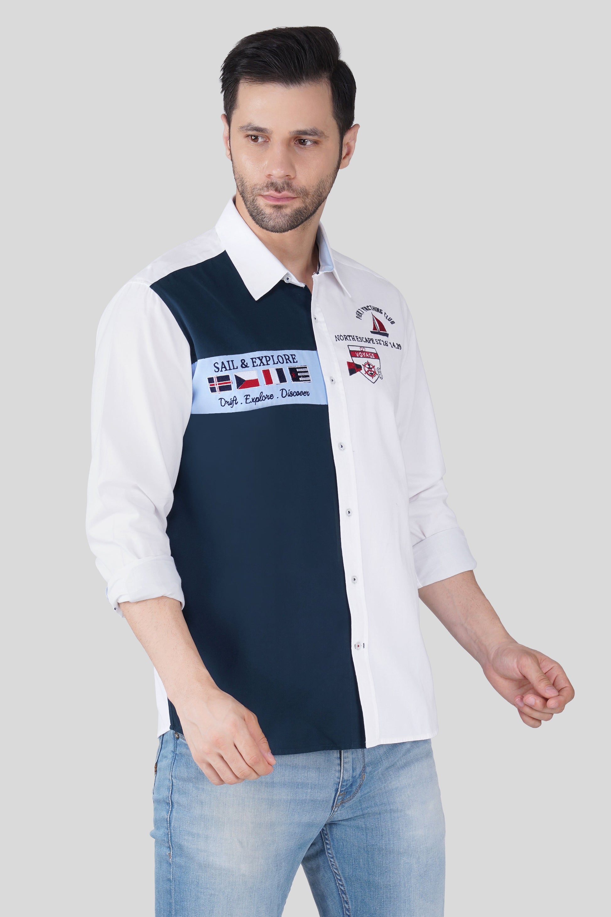 Pier Seven Luxe Cotton Embroided Regular Fit Shirt for Men - White (JWM024) Pier Seven