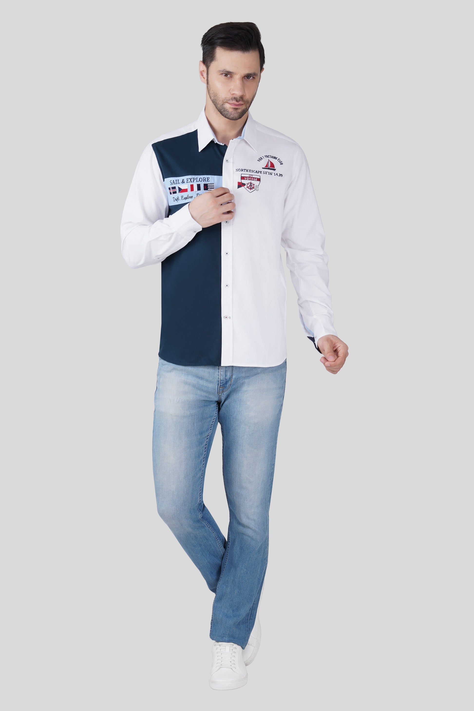 Pier Seven Luxe Cotton Embroided Regular Fit Shirt for Men - White (JWM024) Pier Seven