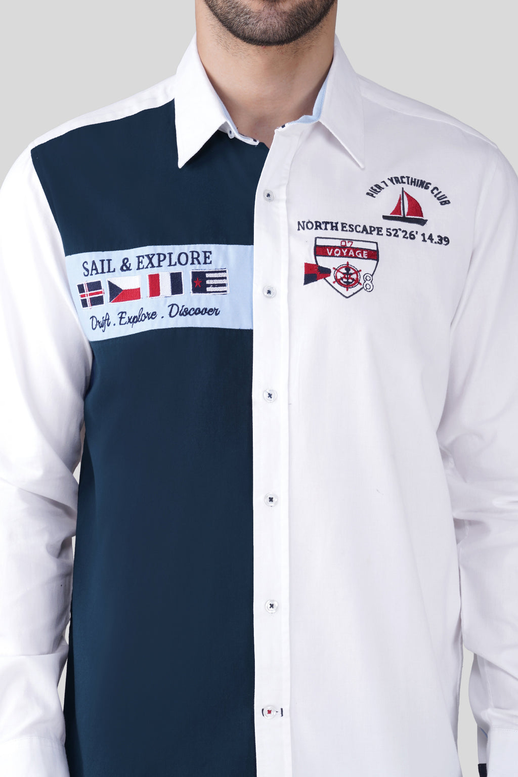 Pier Seven Luxe Cotton Embroided Regular Fit Shirt for Men - White (JWM024) Pier Seven