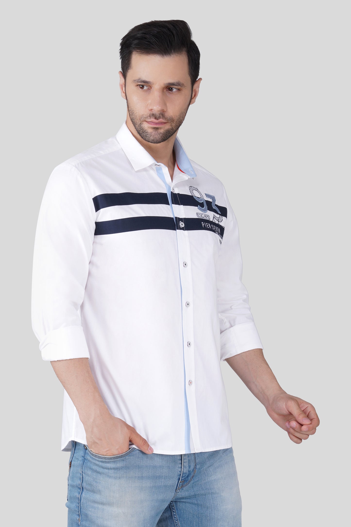 Pier Seven Luxe Cotton Striped Men's Regular Fit Shirt - White (JWM022)