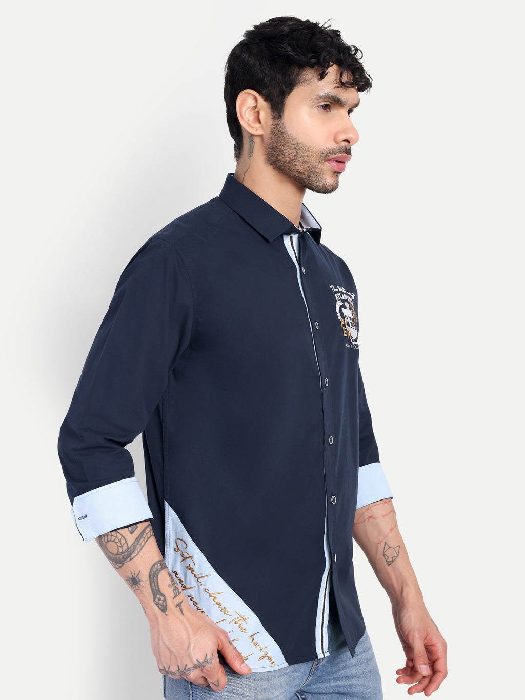 ATLANTIC DRIFT SCRIPT JEANSWEAR SHIRT EMBROIDED NAVY