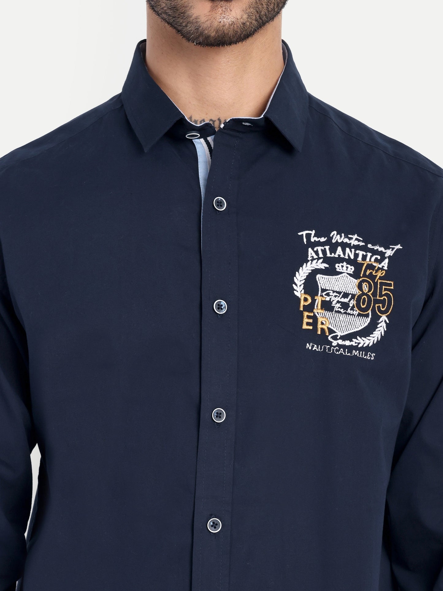 Pier Seven Luxe Cotton Embroidered Men's Regular Fit Shirt - Navy (JWM023)