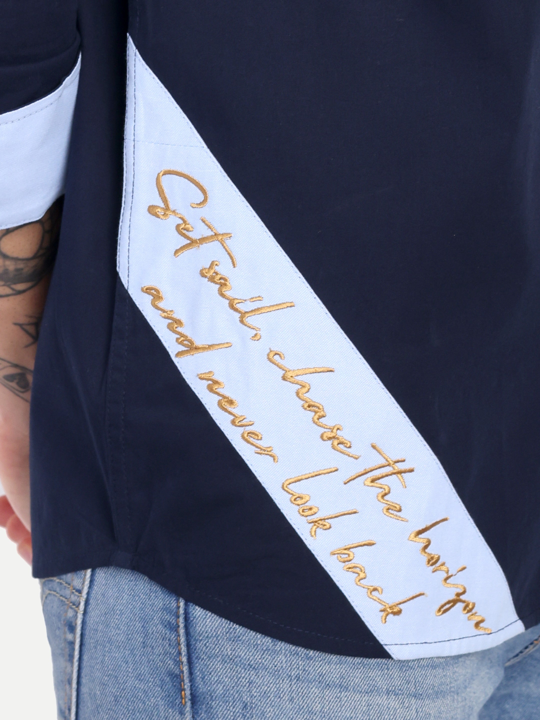 ATLANTIC DRIFT SCRIPT JEANSWEAR SHIRT EMBROIDED NAVY