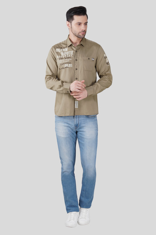 Men Khaki Solid Graphic Print with embroidery Regular Fit Casual Cotton Shirt