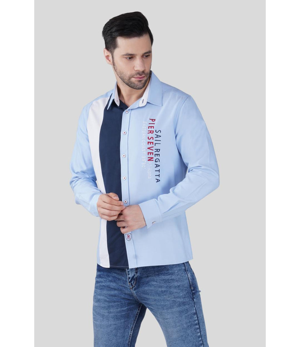 Men’s Premium Color Block Cotton Regular Fit Shirt – Light Blue Vertical Panel Casual Shirt (JWM039)