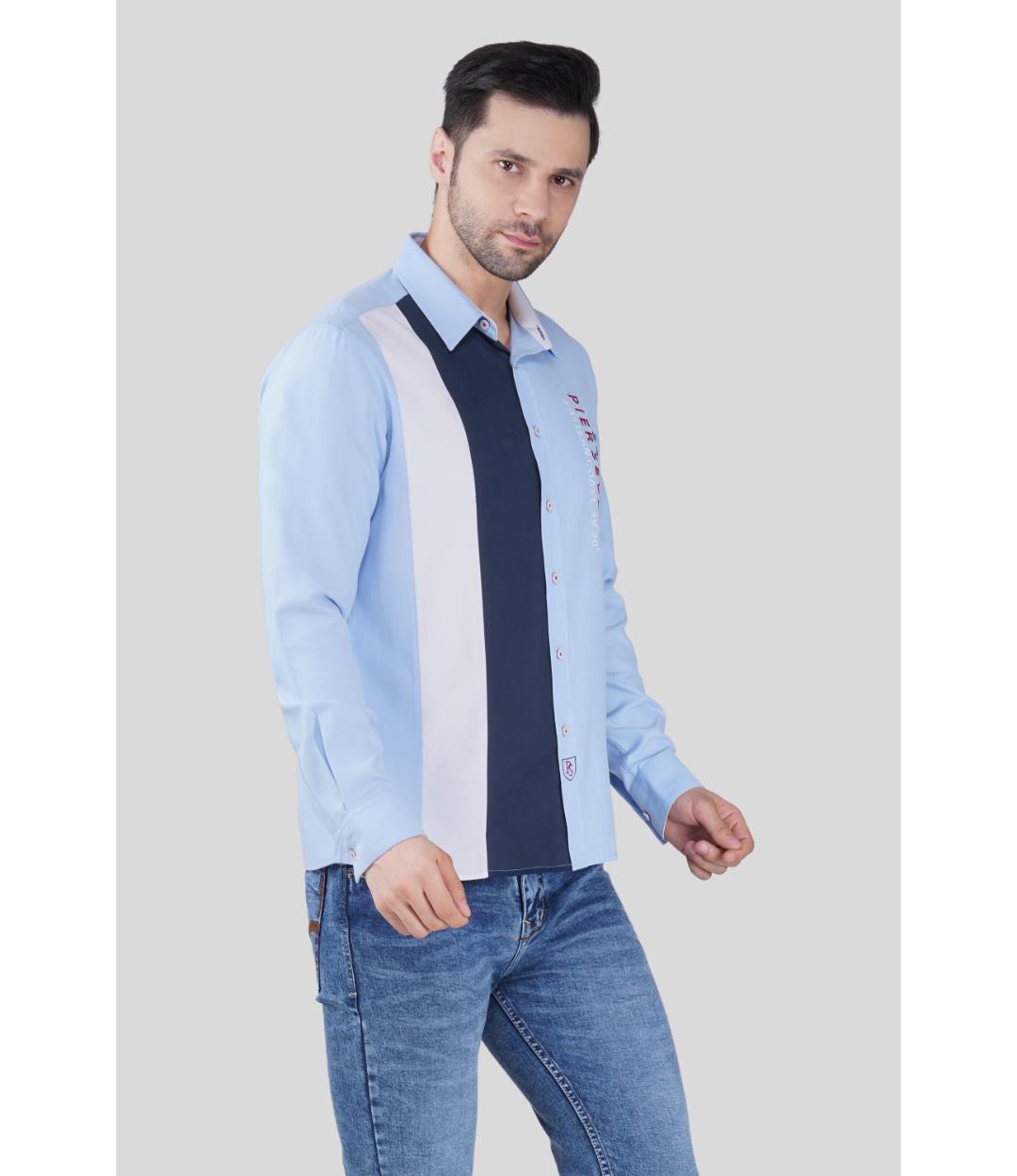 Men’s Premium Color Block Cotton Regular Fit Shirt – Light Blue Vertical Panel Casual Shirt (JWM039)