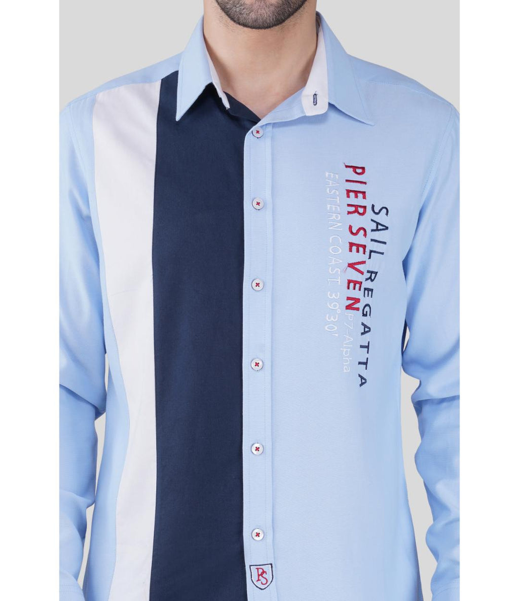 Men’s Premium Color Block Cotton Regular Fit Shirt – Light Blue Vertical Panel Casual Shirt (JWM039)