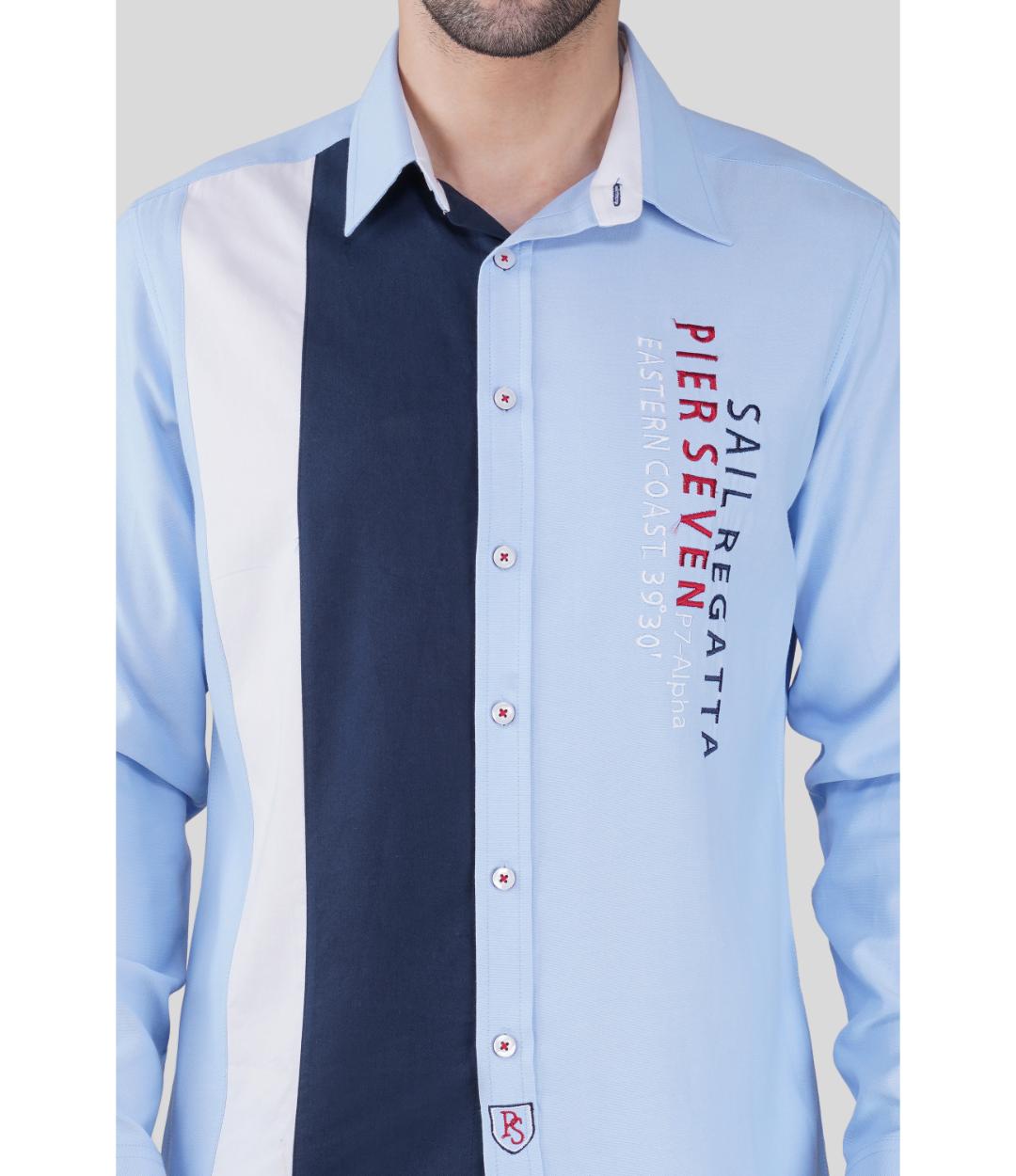 Men’s Premium Color Block Cotton Regular Fit Shirt – Light Blue Vertical Panel Casual Shirt (JWM039)