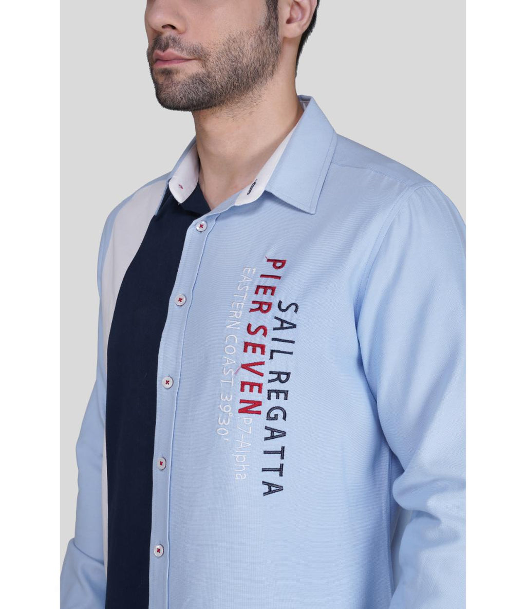 Men’s Premium Color Block Cotton Regular Fit Shirt – Light Blue Vertical Panel Casual Shirt (JWM039)