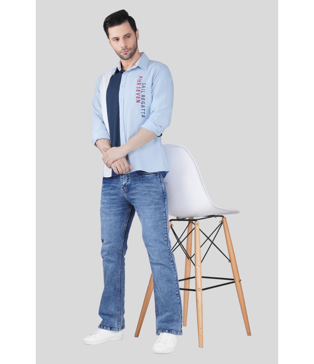 Men’s Premium Color Block Cotton Regular Fit Shirt – Light Blue Vertical Panel Casual Shirt (JWM039)