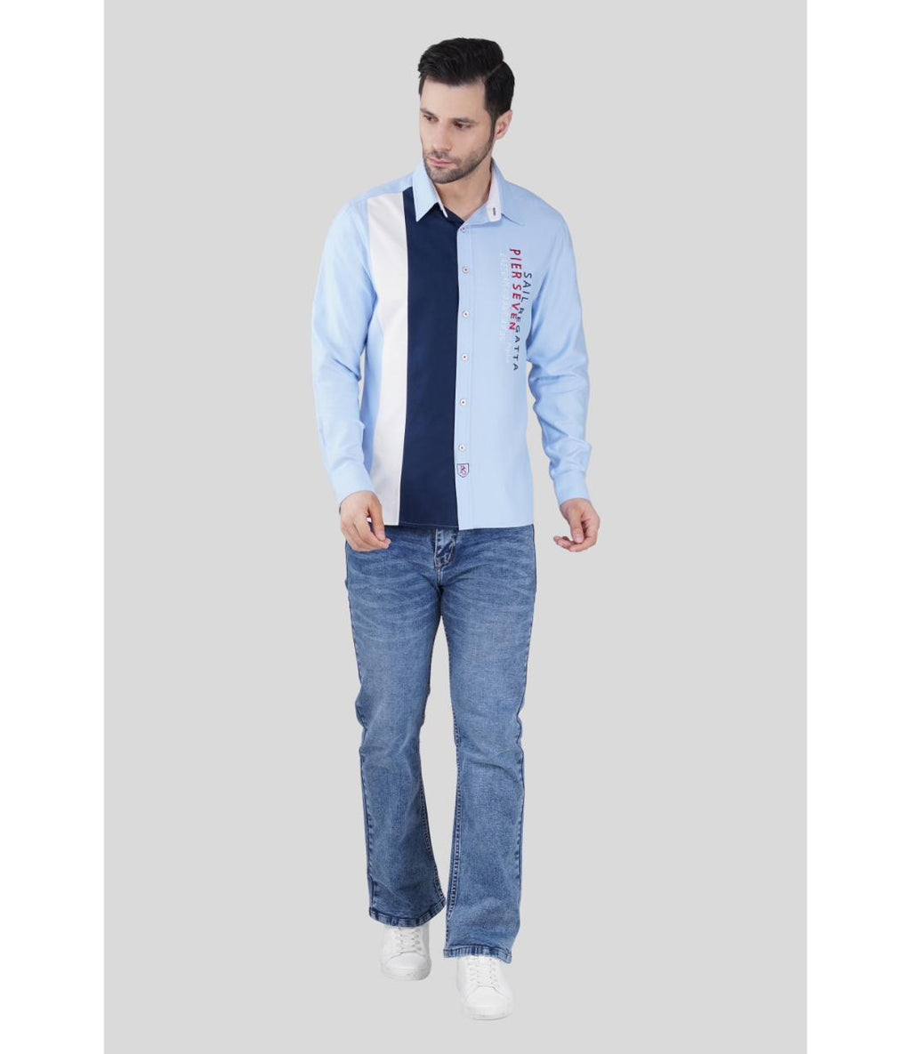 Men’s Premium Color Block Cotton Regular Fit Shirt – Light Blue Vertical Panel Casual Shirt (JWM039)