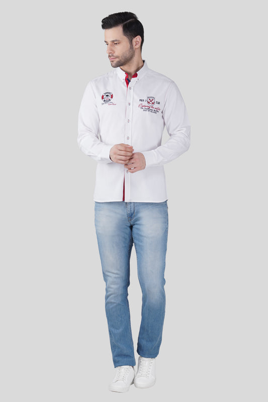 Men White Solid Casual Cotton Regular Fit Shirt with Embroidered Detailing