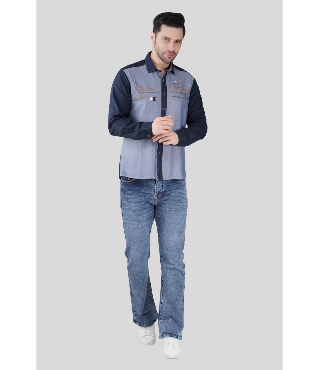 Premium Grey & Navy Blue Panelled Regular Shirt for Men | Designer Contrast Shirt with Chest Print (JWM044)