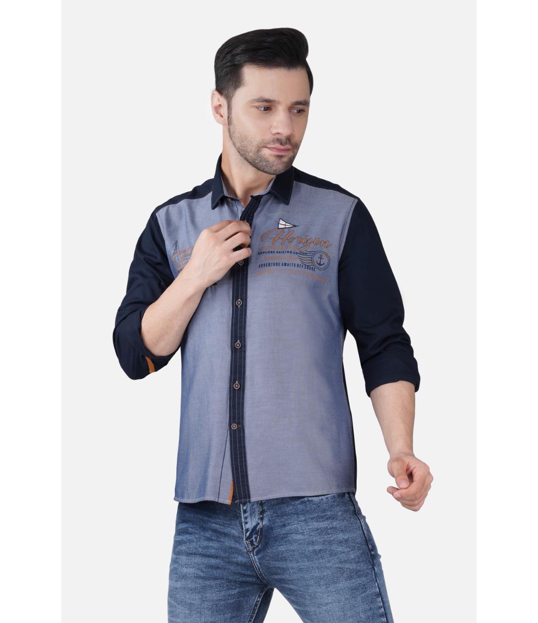 Premium Grey & Navy Blue Panelled Regular Shirt for Men | Designer Contrast Shirt with Chest Print (JWM044)