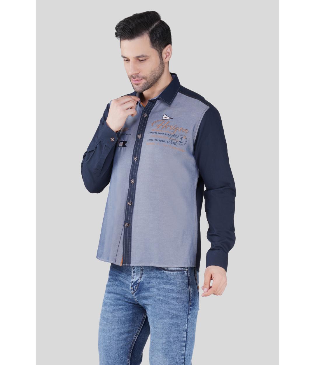 Premium Grey & Navy Blue Panelled Regular Shirt for Men | Designer Contrast Shirt with Chest Print (JWM044)