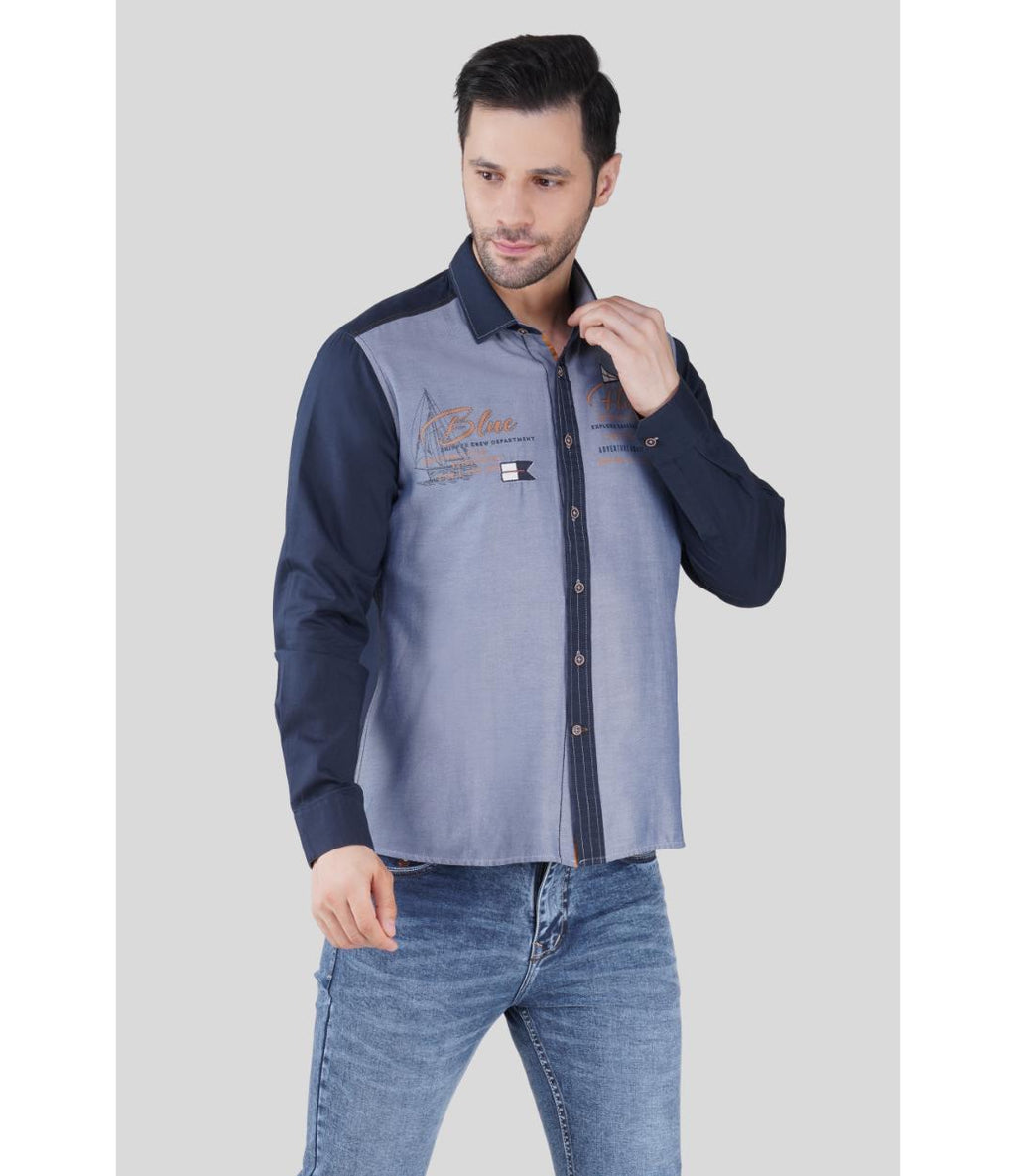 Premium Grey & Navy Blue Panelled Regular Shirt for Men | Designer Contrast Shirt with Chest Print (JWM044)