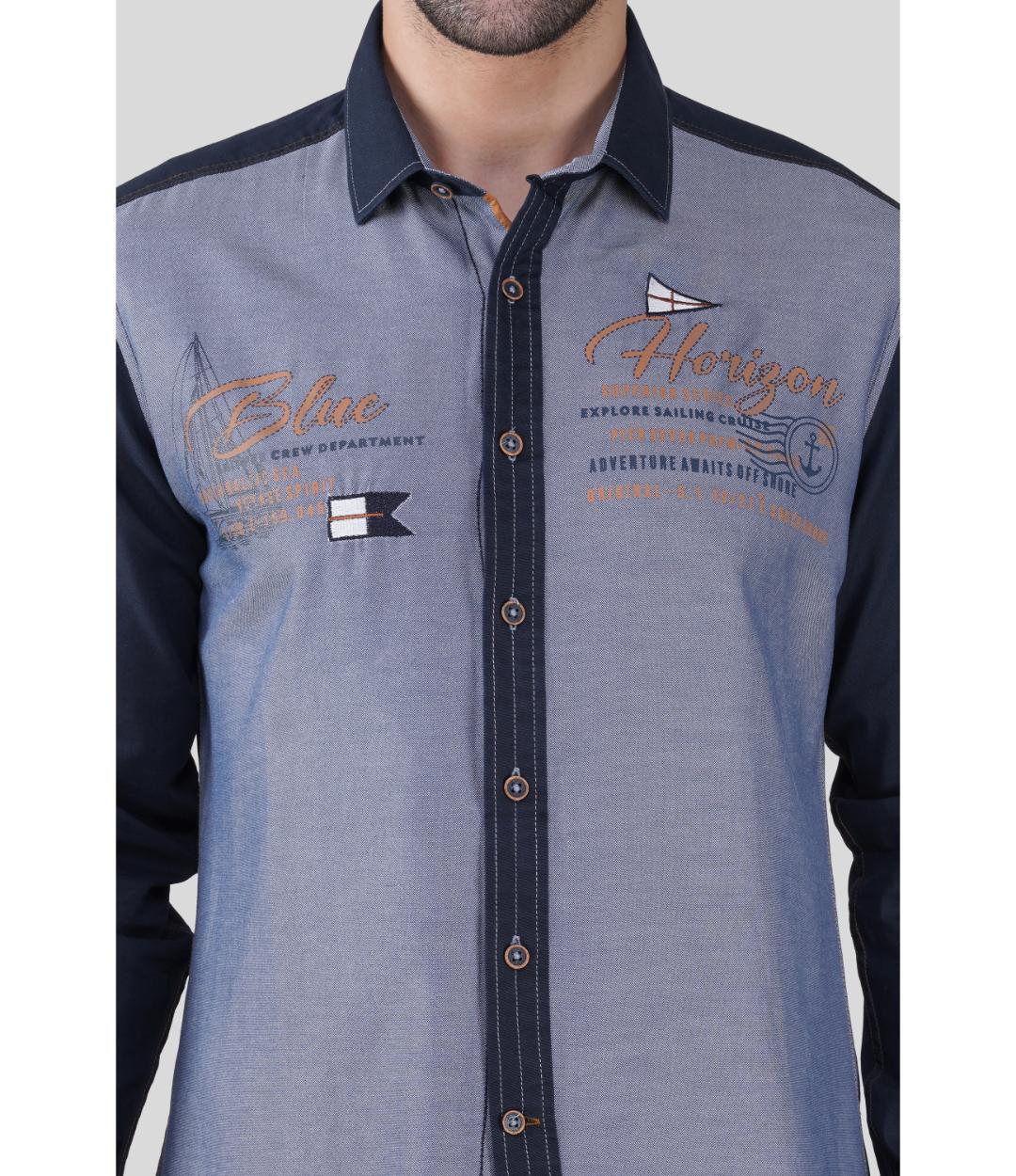 Premium Grey & Navy Blue Panelled Regular Shirt for Men | Designer Contrast Shirt with Chest Print (JWM044)
