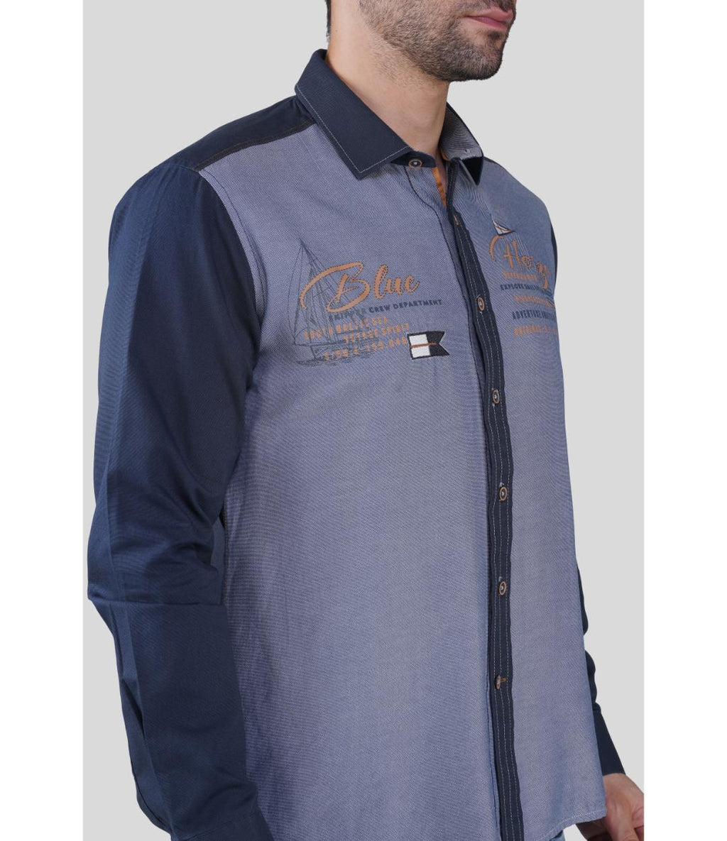 Premium Grey & Navy Blue Panelled Regular Shirt for Men | Designer Contrast Shirt with Chest Print (JWM044)