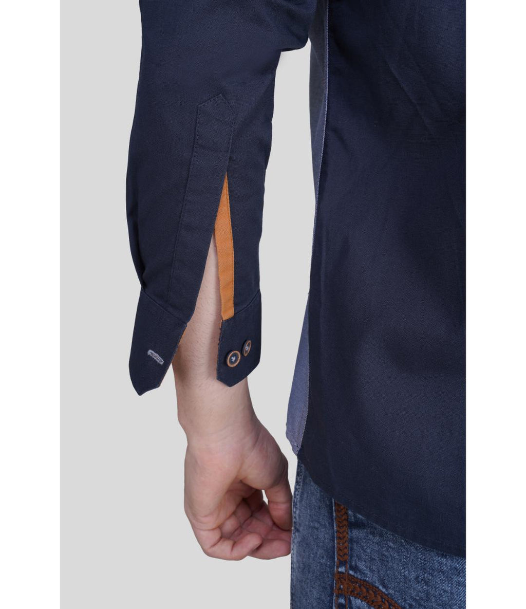 Premium Grey & Navy Blue Panelled Regular Shirt for Men | Designer Contrast Shirt with Chest Print (JWM044)