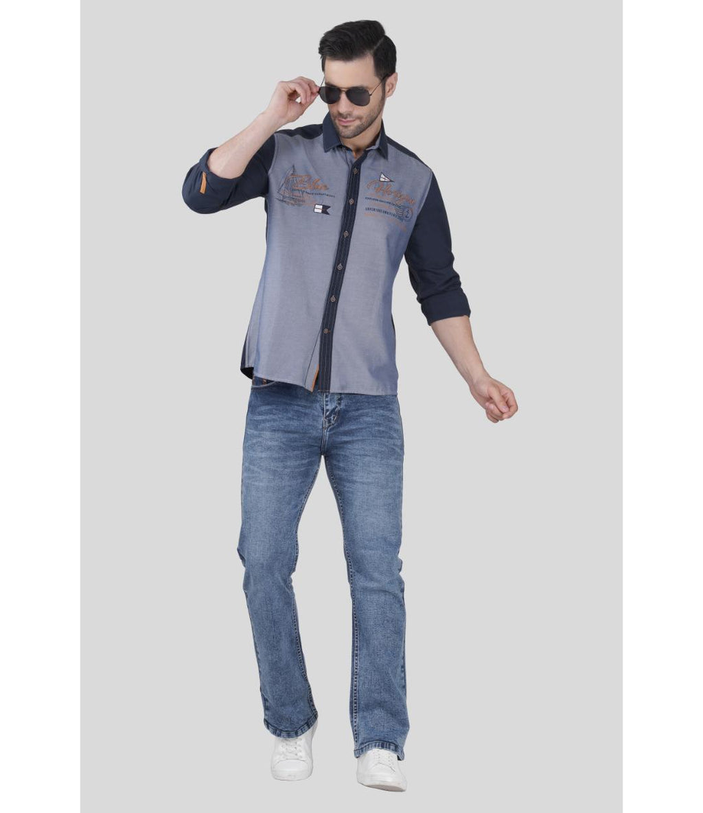 Premium Grey & Navy Blue Panelled Regular Shirt for Men | Designer Contrast Shirt with Chest Print (JWM044)