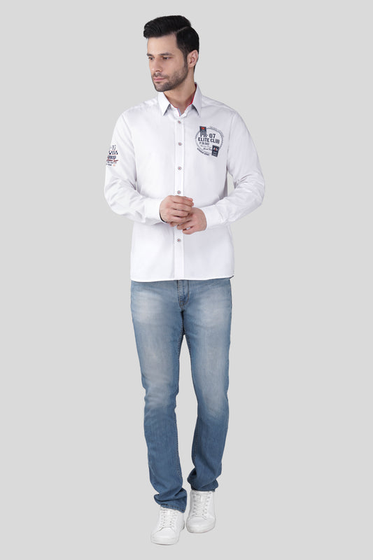 Men’s Cotton White Regular Fit Placement Print Casual Shirt with Full Sleeves