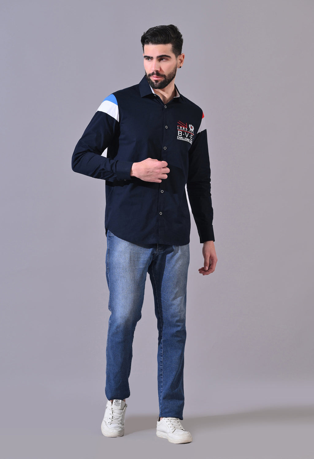 Pier Seven Luxe Cotton Embroided Regular Fit Shirt for Men - Navy (JWM102) Pier Seven