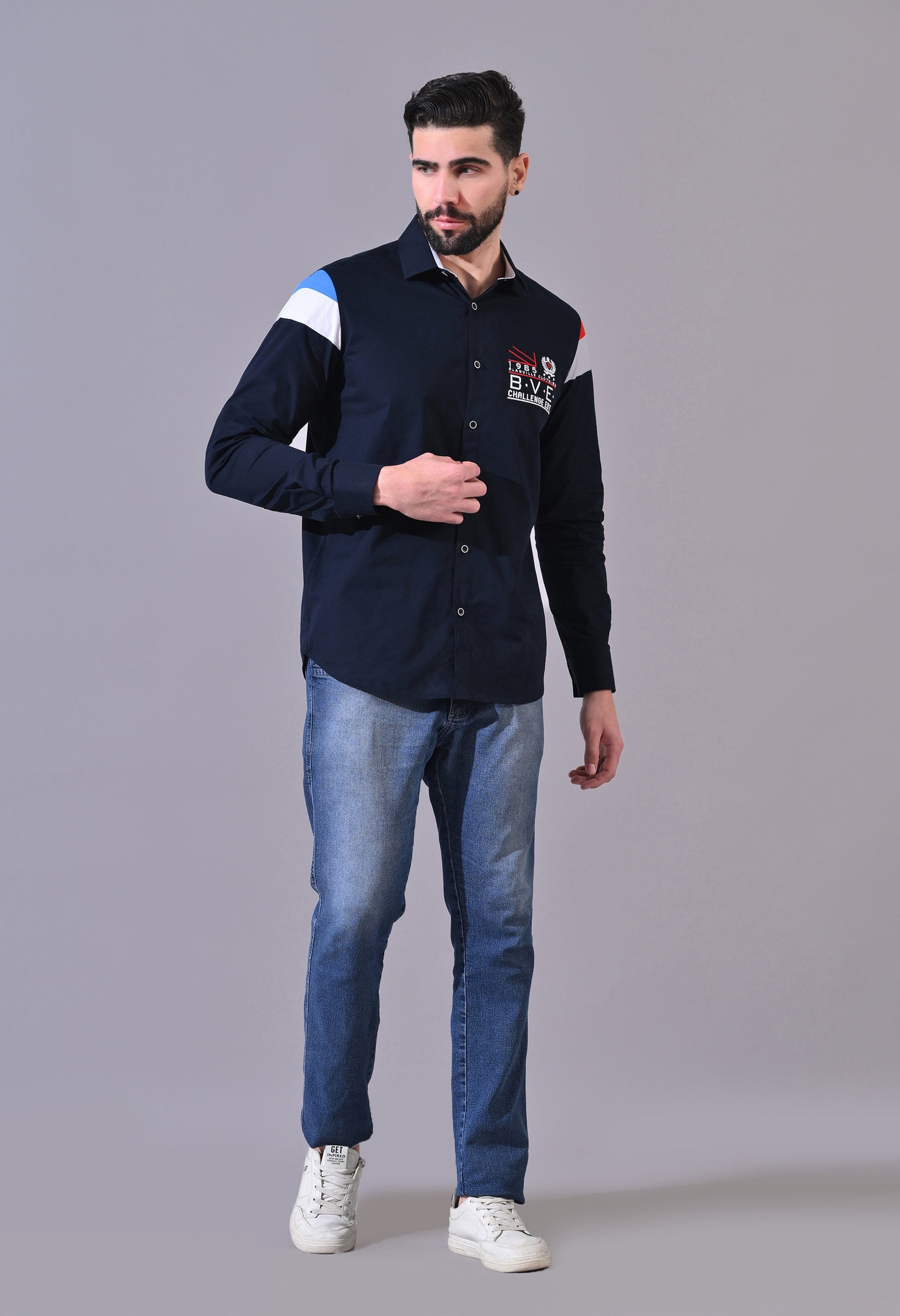 Pier Seven Luxe Cotton Embroided Regular Fit Shirt for Men - Navy (JWM102) Pier Seven