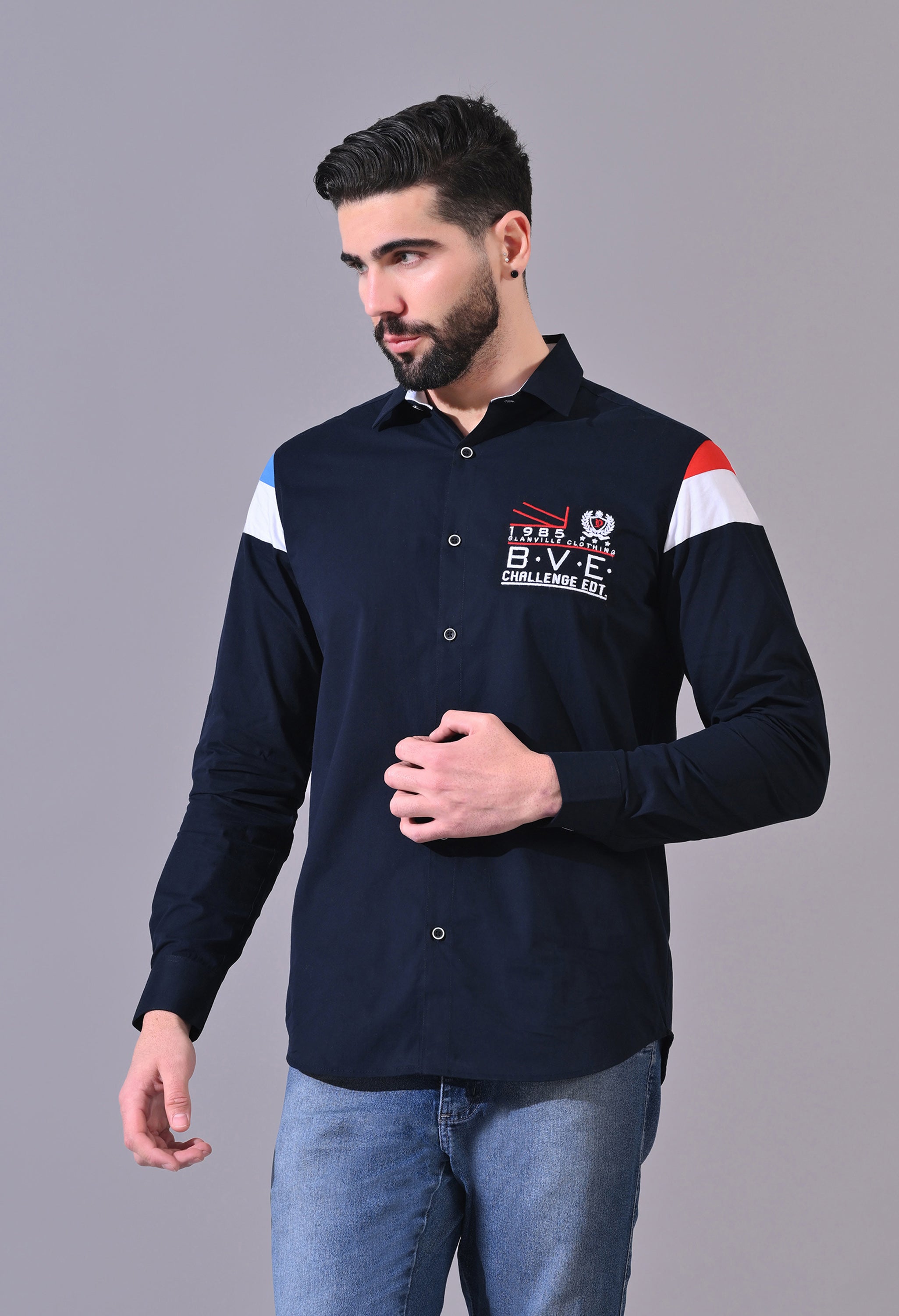 Pier Seven Luxe Cotton Embroided Regular Fit Shirt for Men - Navy (JWM102) Pier Seven