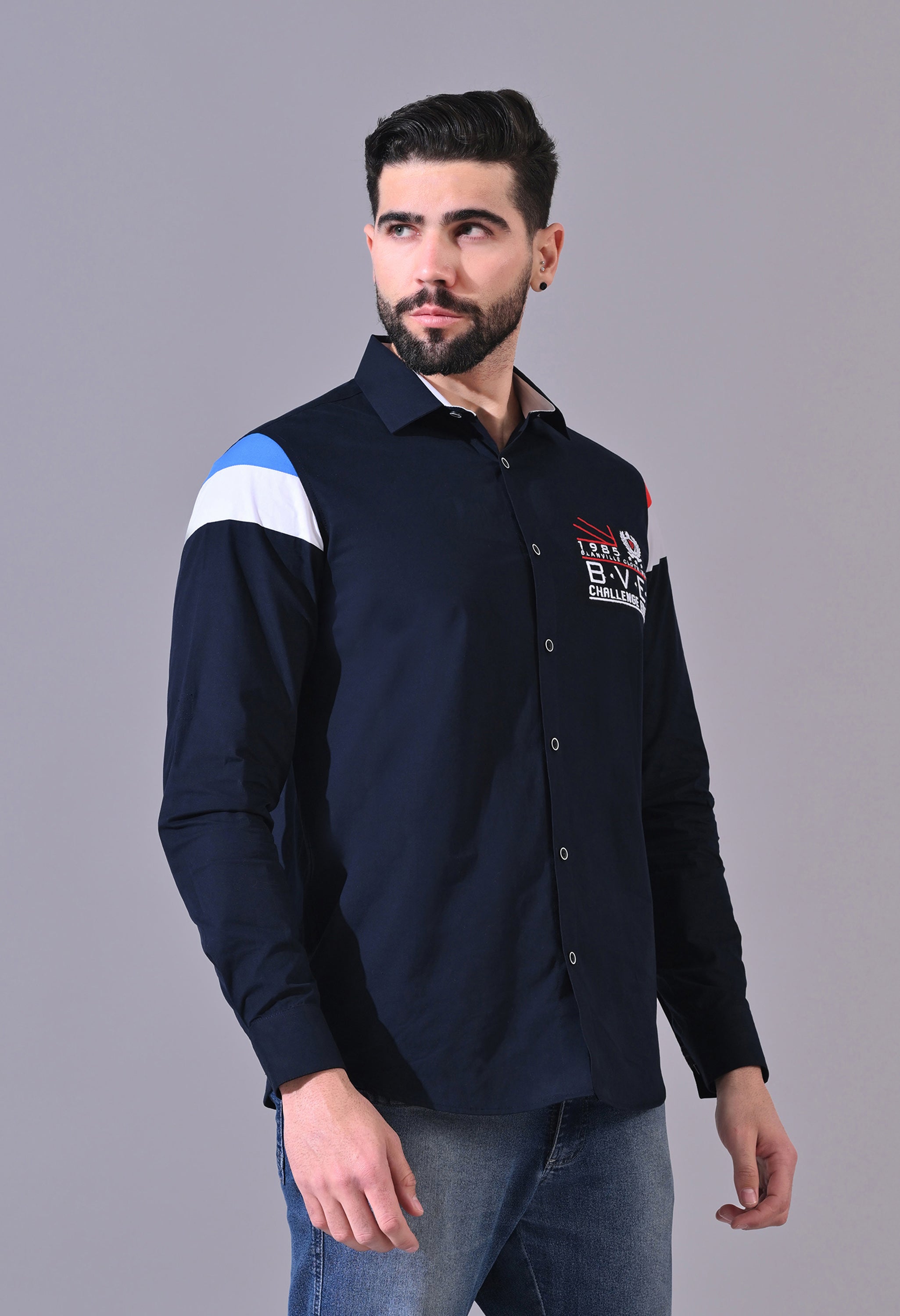 Pier Seven Luxe Cotton Embroided Regular Fit Shirt for Men - Navy (JWM102) Pier Seven