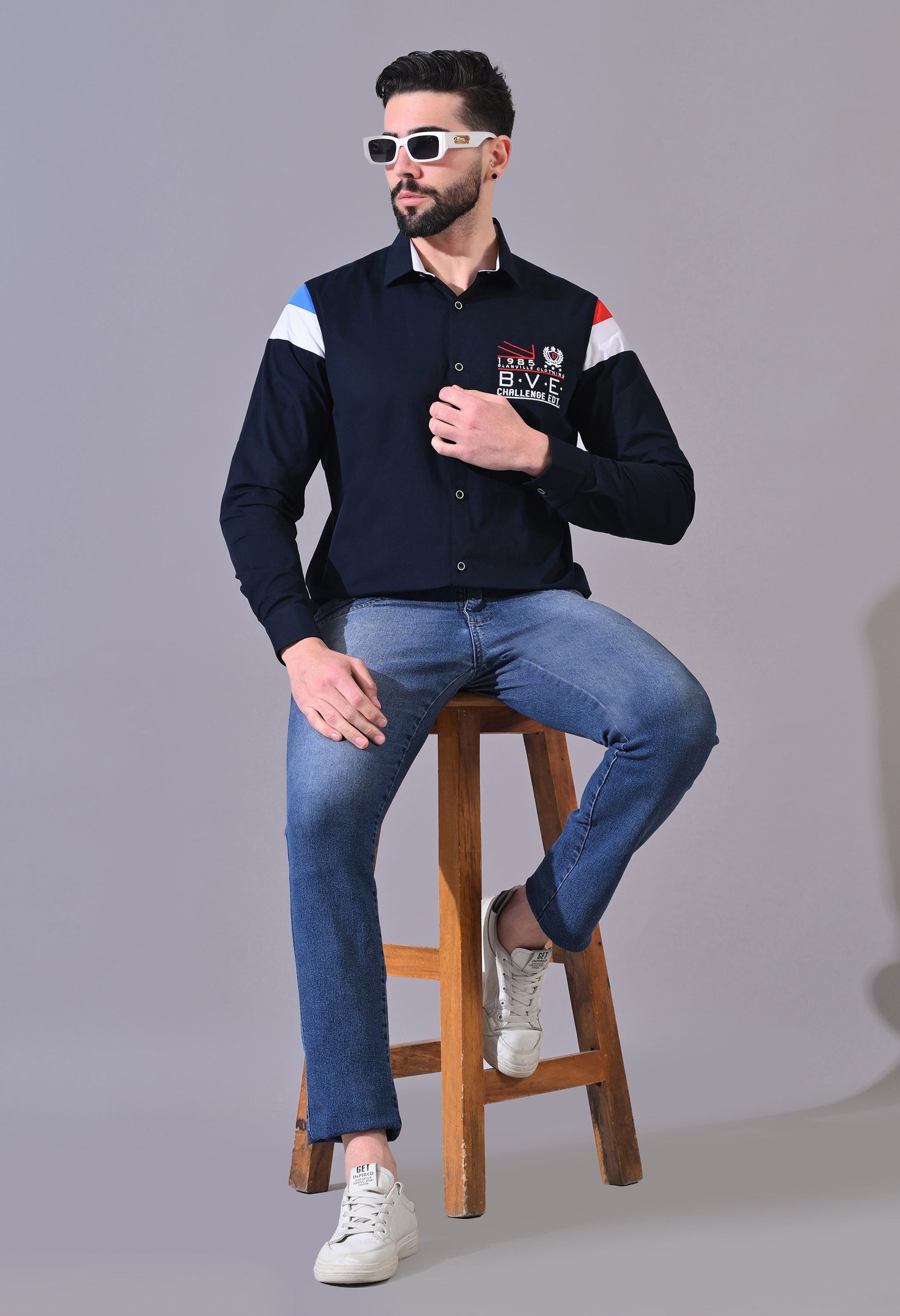 Pier Seven Luxe Cotton Embroided Regular Fit Shirt for Men - Navy (JWM102) Pier Seven