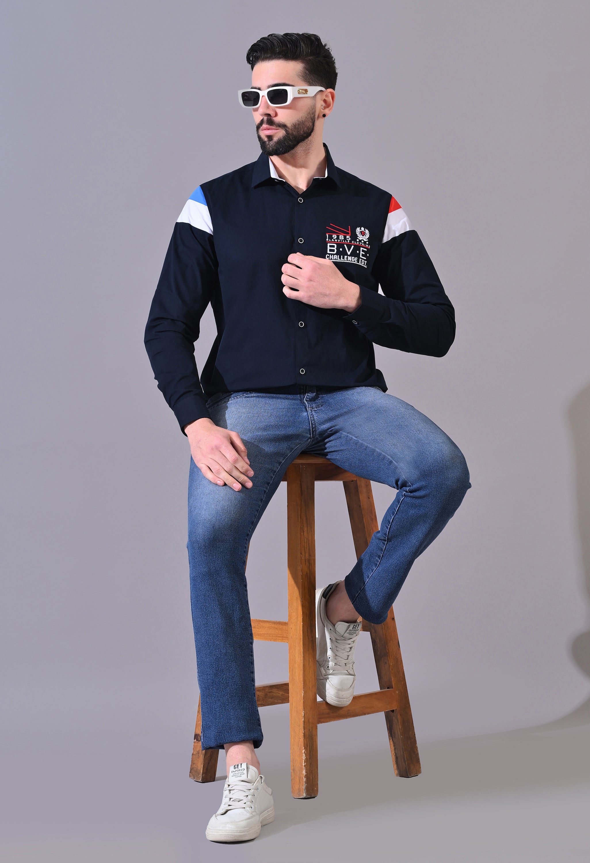 Pier Seven Luxe Cotton Embroided Regular Fit Shirt for Men - Navy (JWM102) Pier Seven