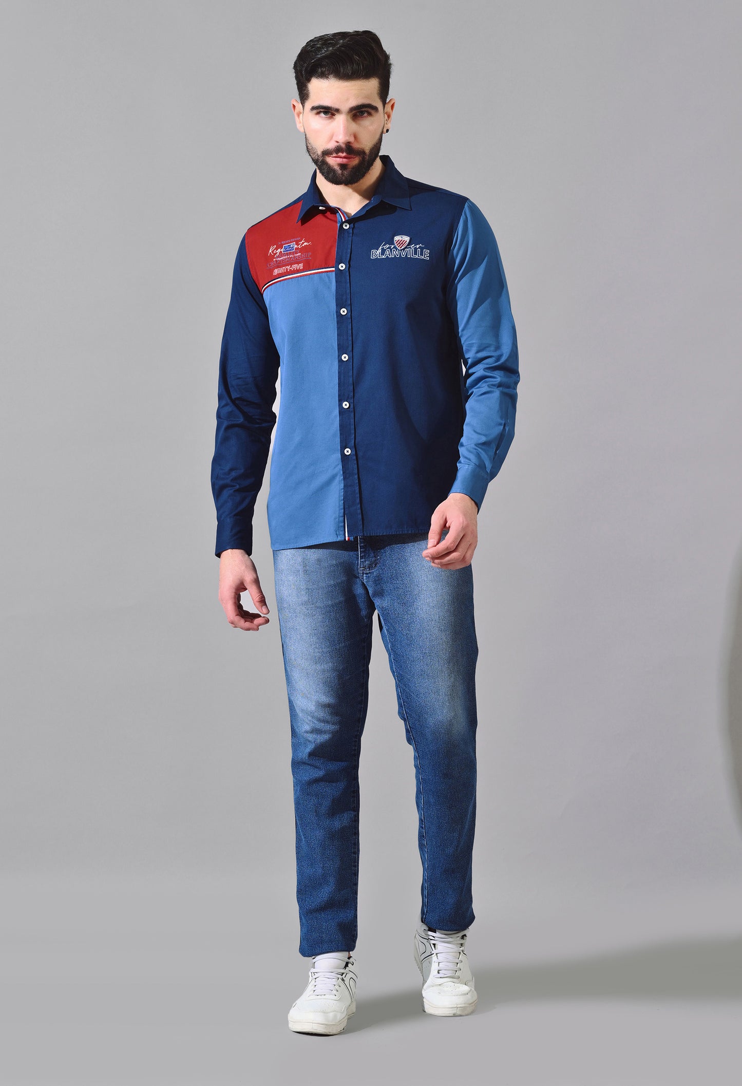 Pier Seven Luxe Cotton Color Block Men's Regular Fit Shirt - Blue (JWM115)