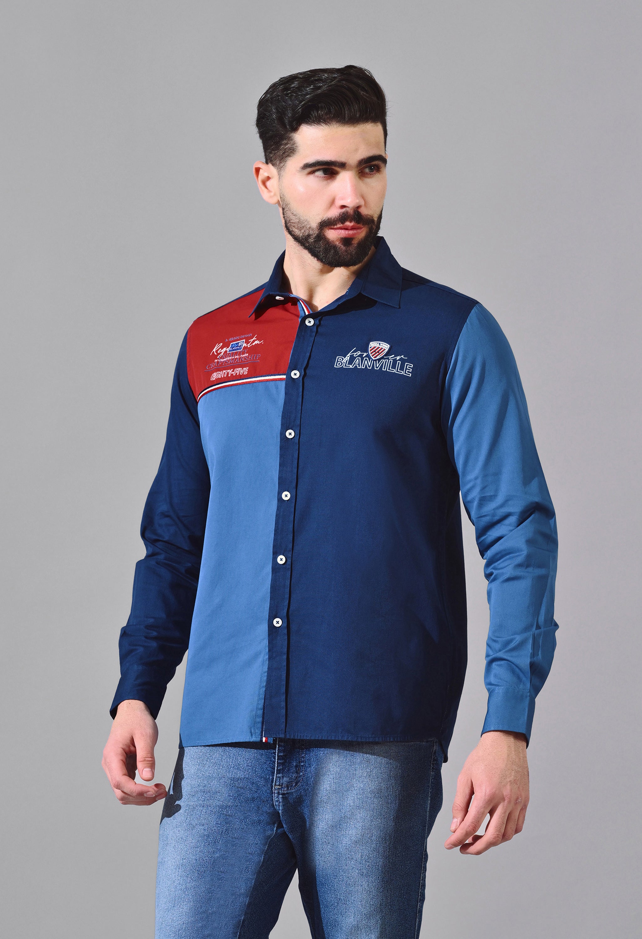 TRI TONE COLOUR BLOCK CASUAL EMBROIDED  JEANSWEAR SHIRT