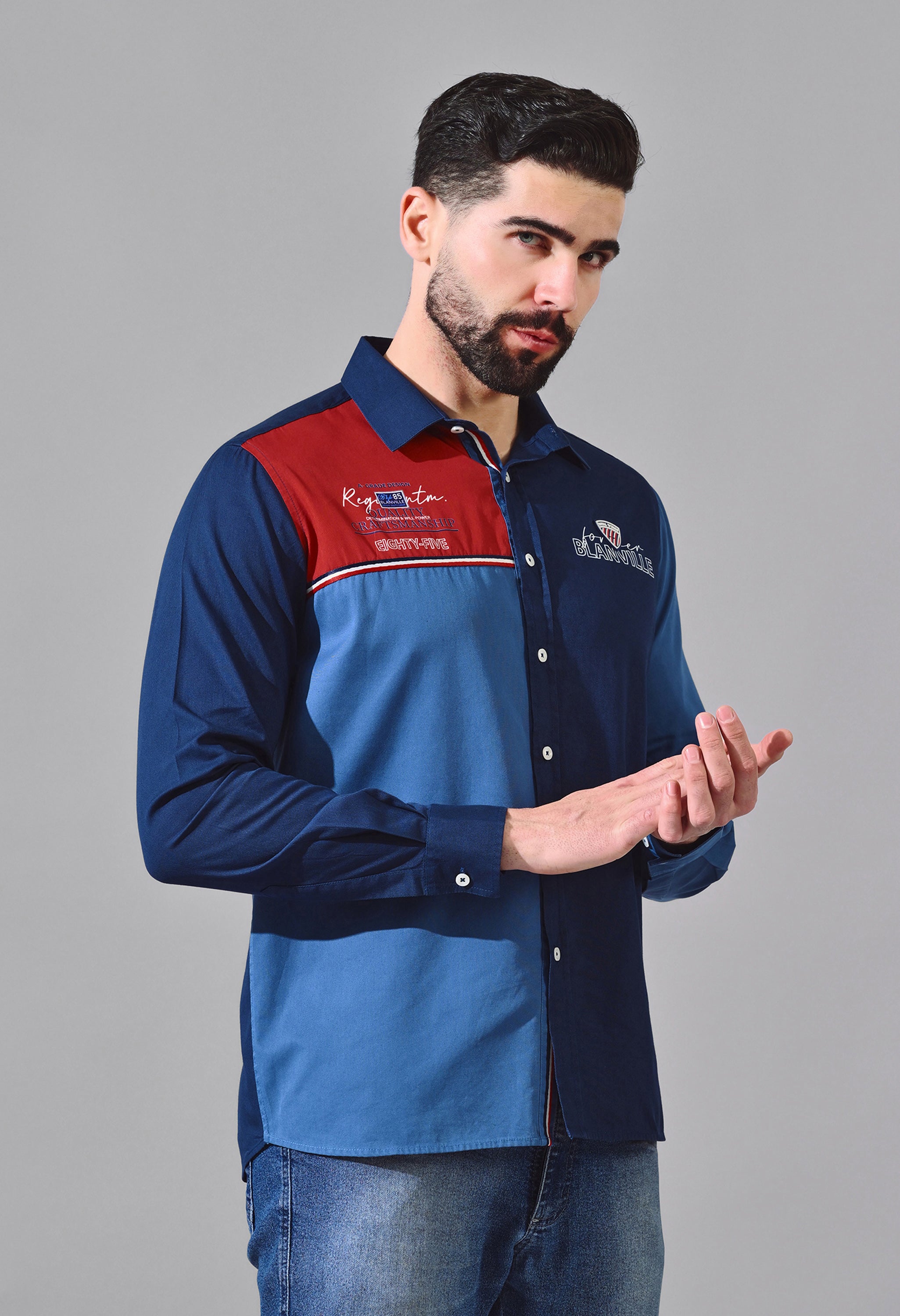 TRI TONE COLOUR BLOCK CASUAL EMBROIDED  JEANSWEAR SHIRT