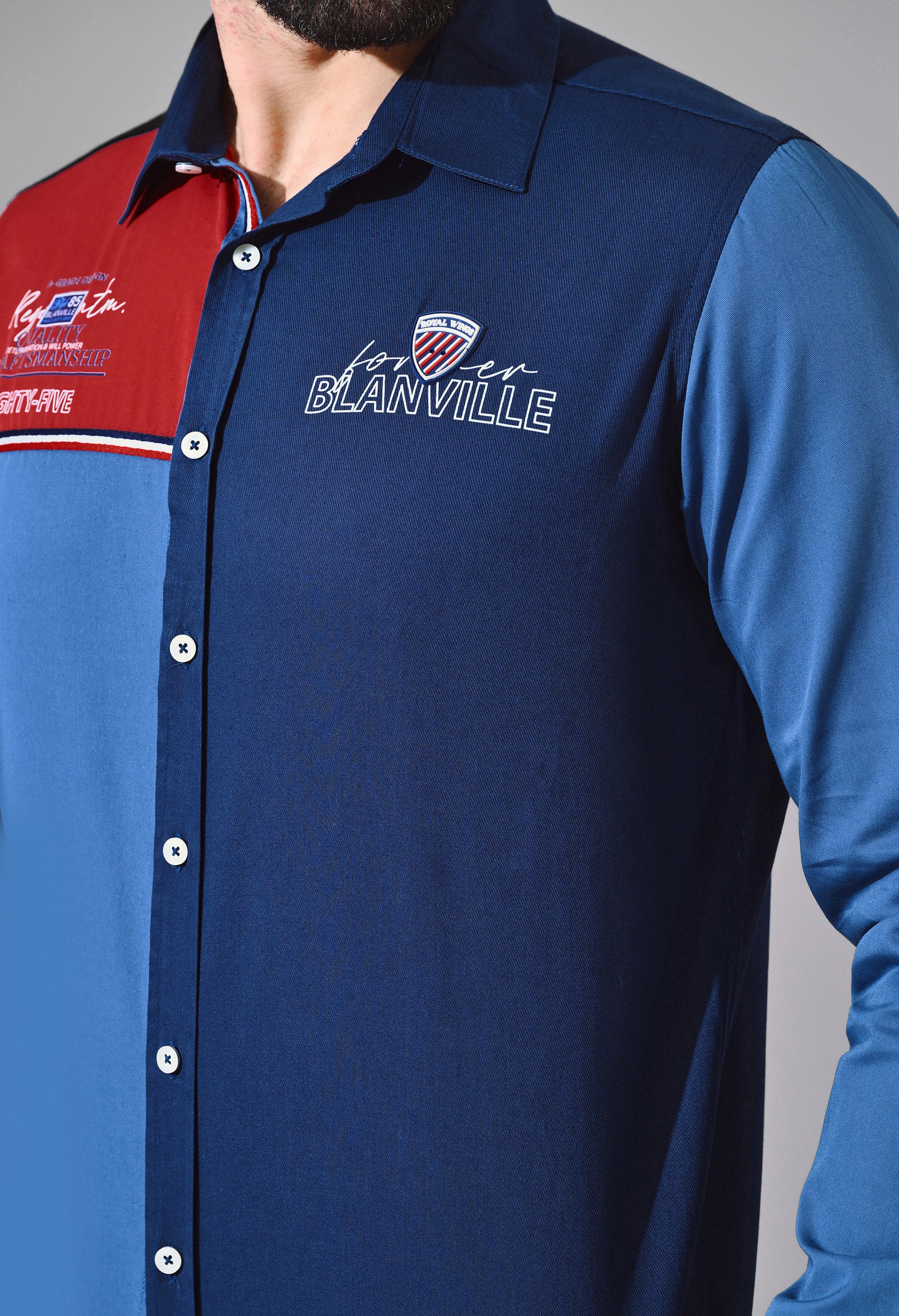 TRI TONE COLOUR BLOCK CASUAL EMBROIDED  JEANSWEAR SHIRT