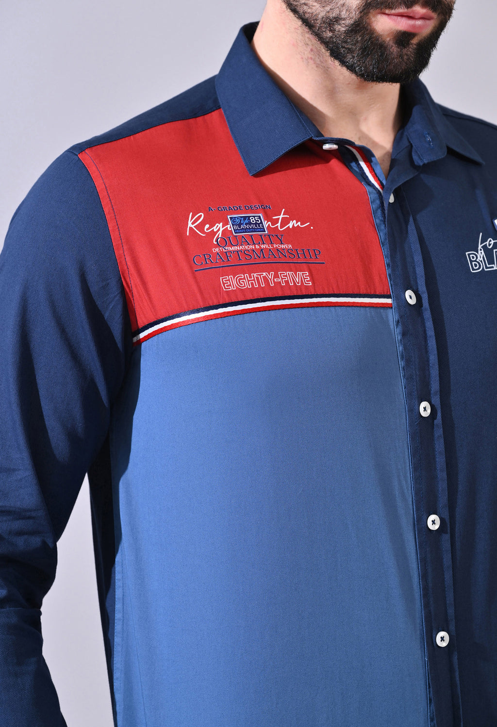 TRI TONE COLOUR BLOCK CASUAL EMBROIDED  JEANSWEAR SHIRT