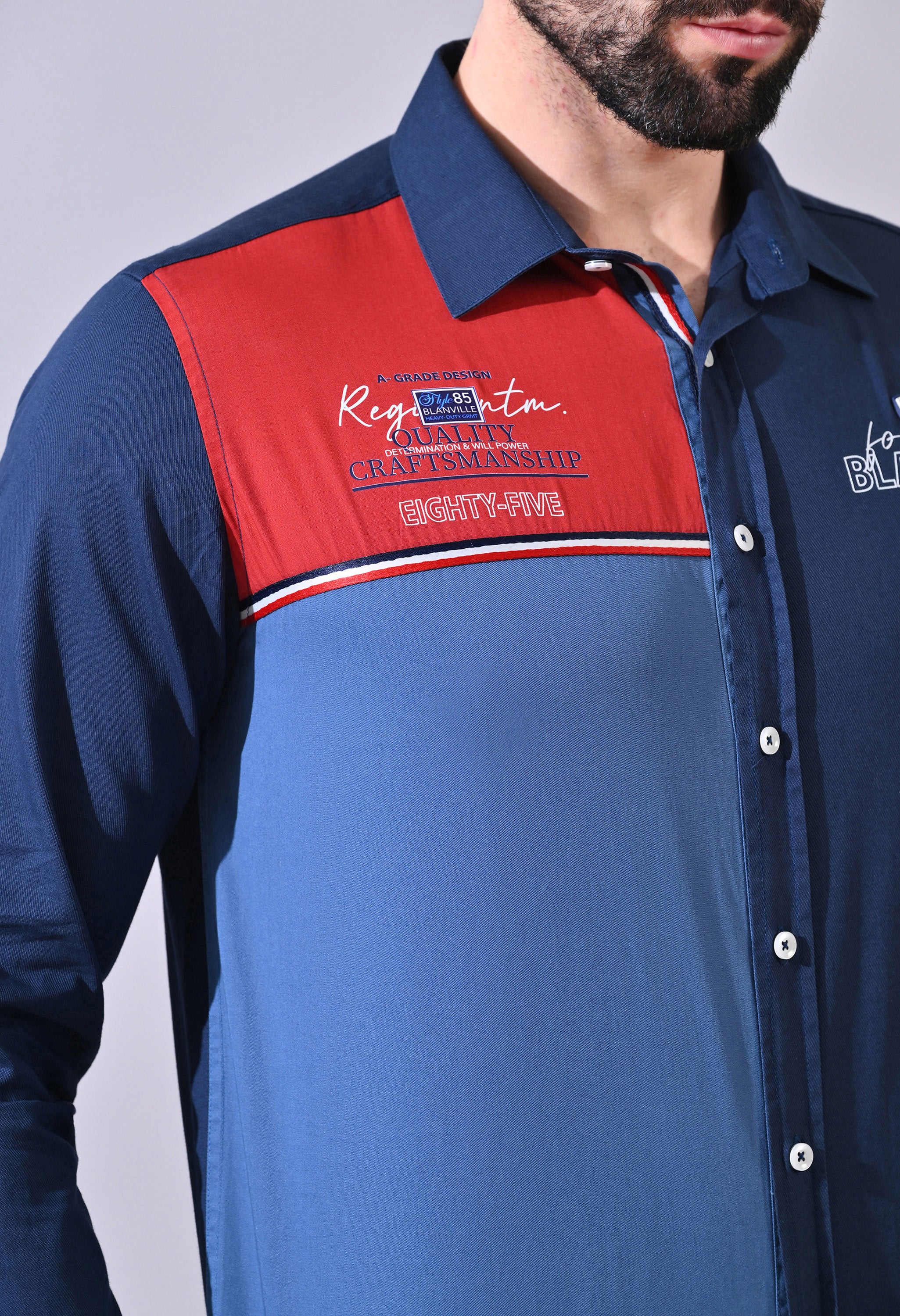 TRI TONE COLOUR BLOCK CASUAL EMBROIDED  JEANSWEAR SHIRT