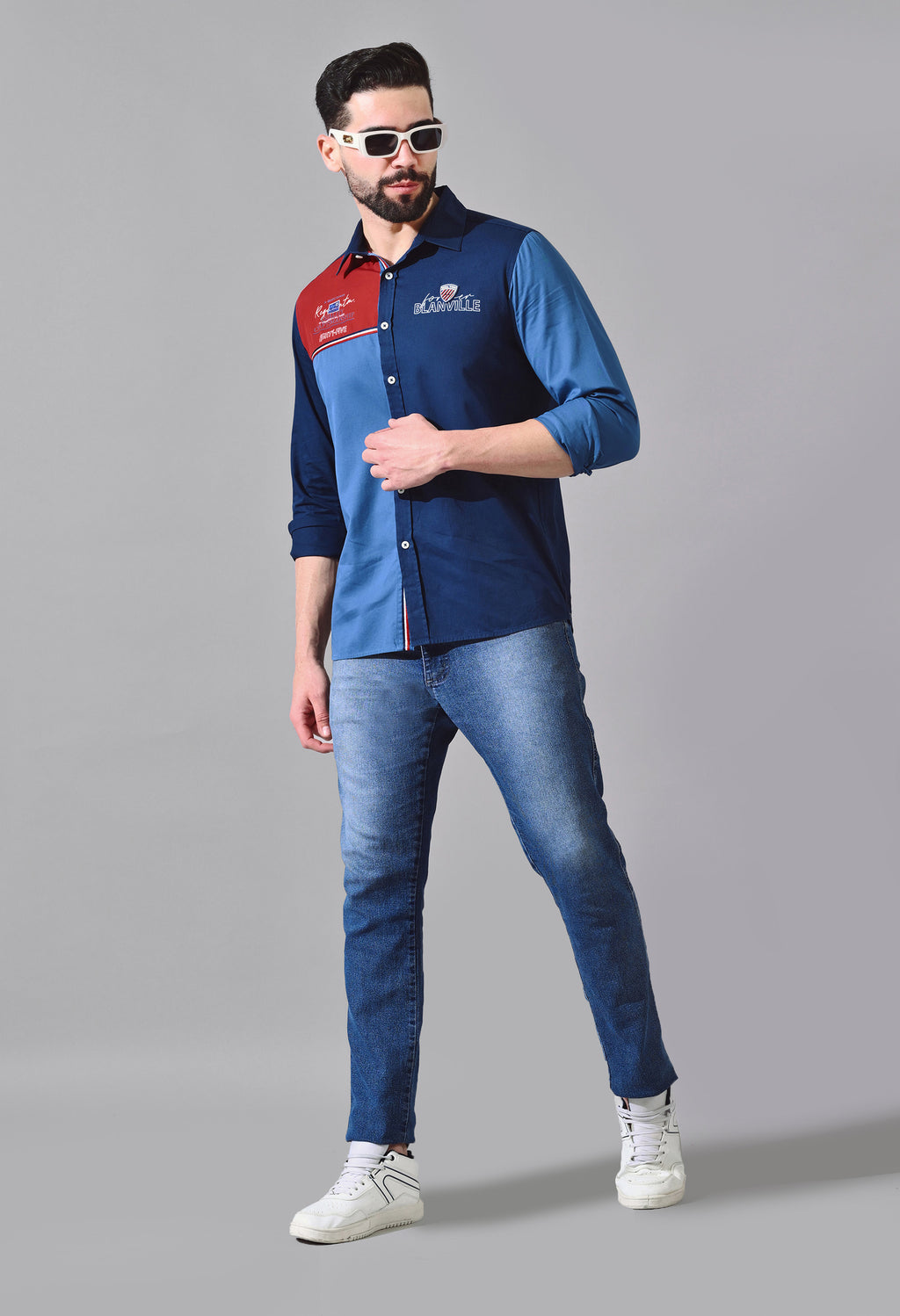 TRI TONE COLOUR BLOCK CASUAL EMBROIDED  JEANSWEAR SHIRT