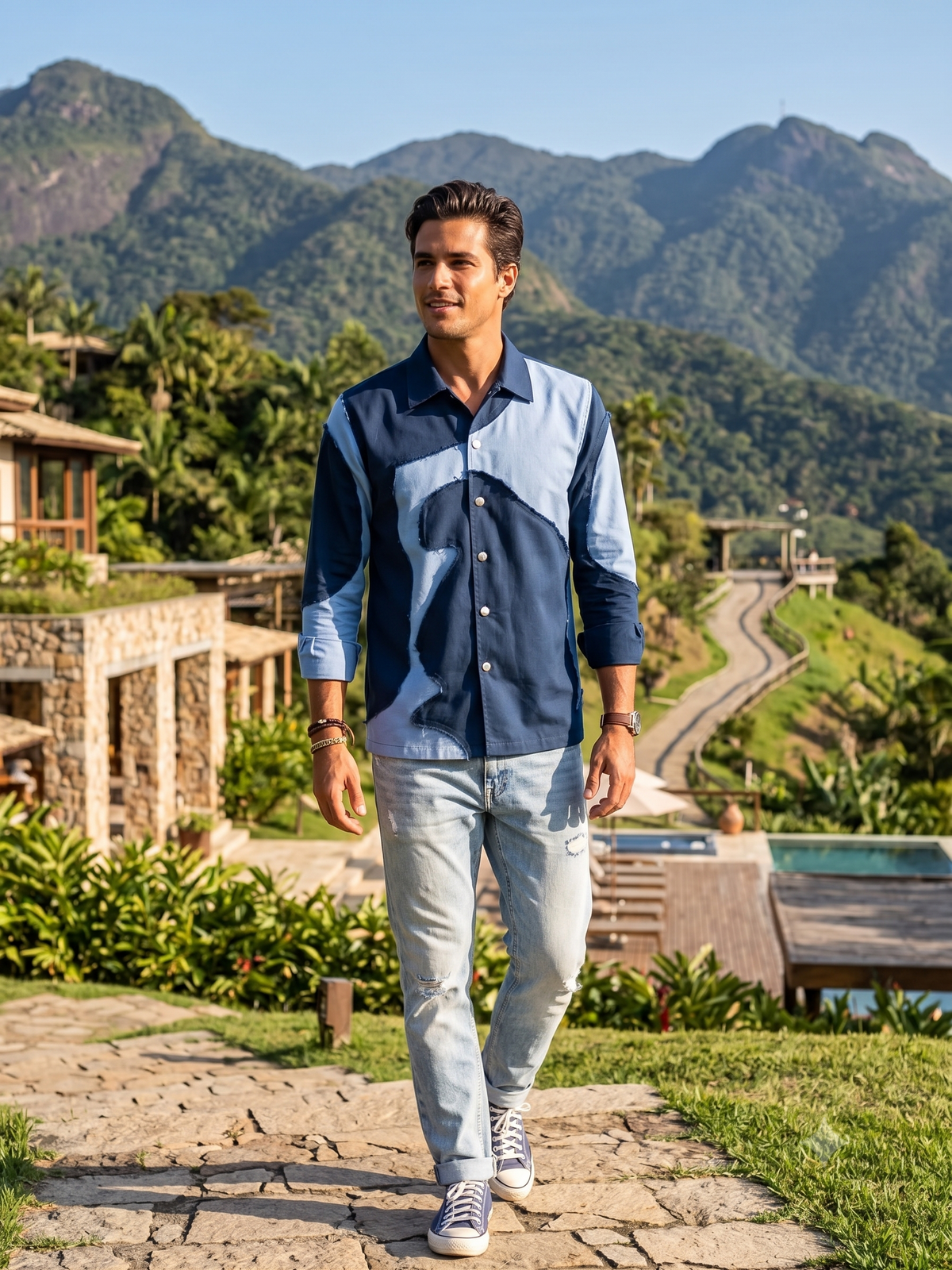 Men’s Navy Blue Colour-Block Casual Shirt JWM177