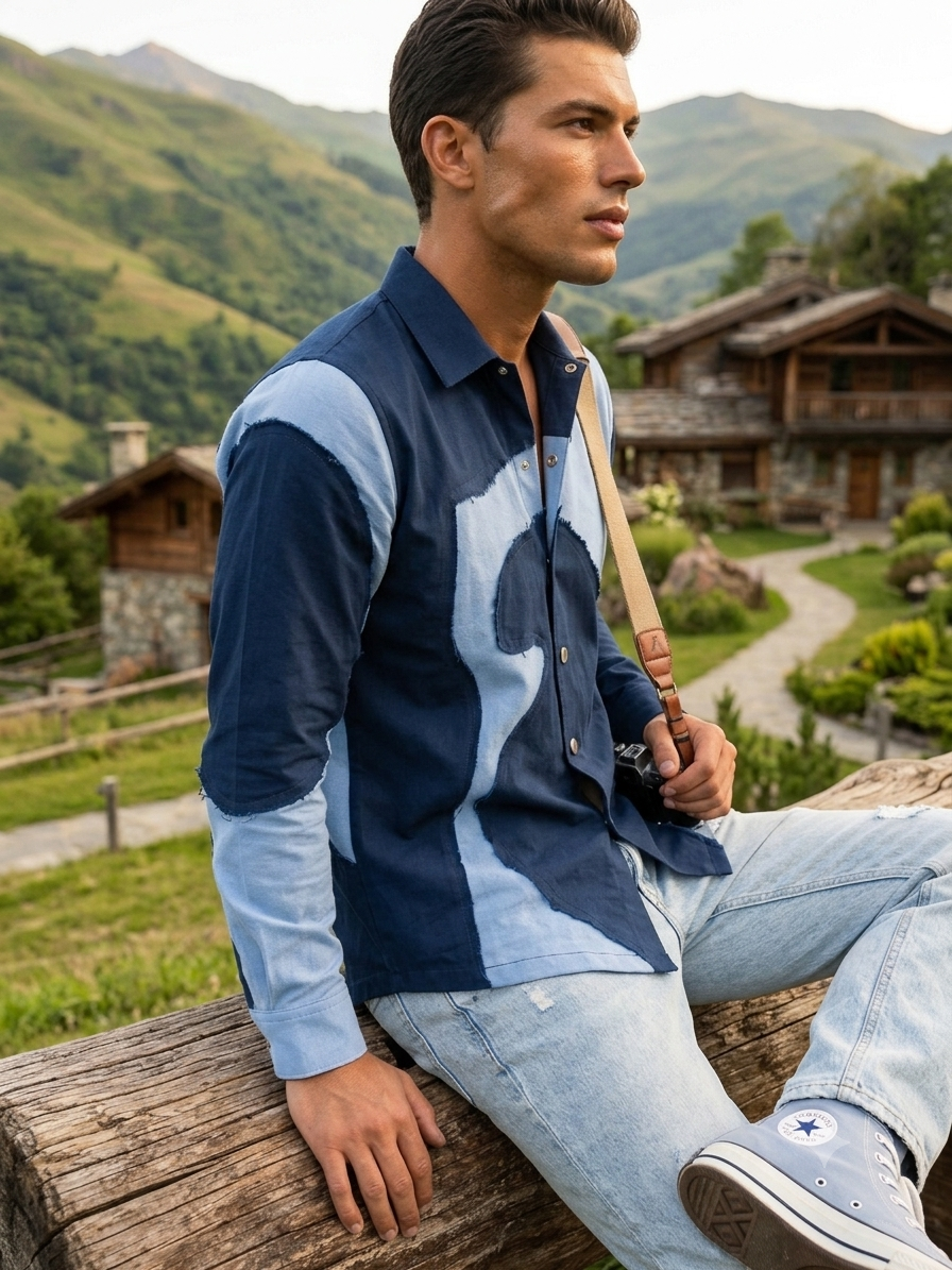 Men’s Navy Blue Colour-Block Casual Shirt JWM177