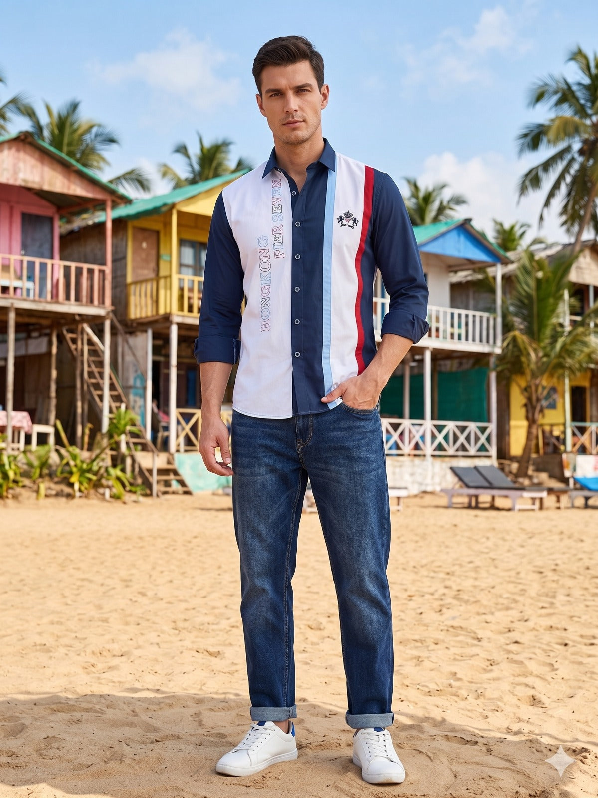 Pier Seven Men Navy Blue Colourblock Casual Shirt JWM179