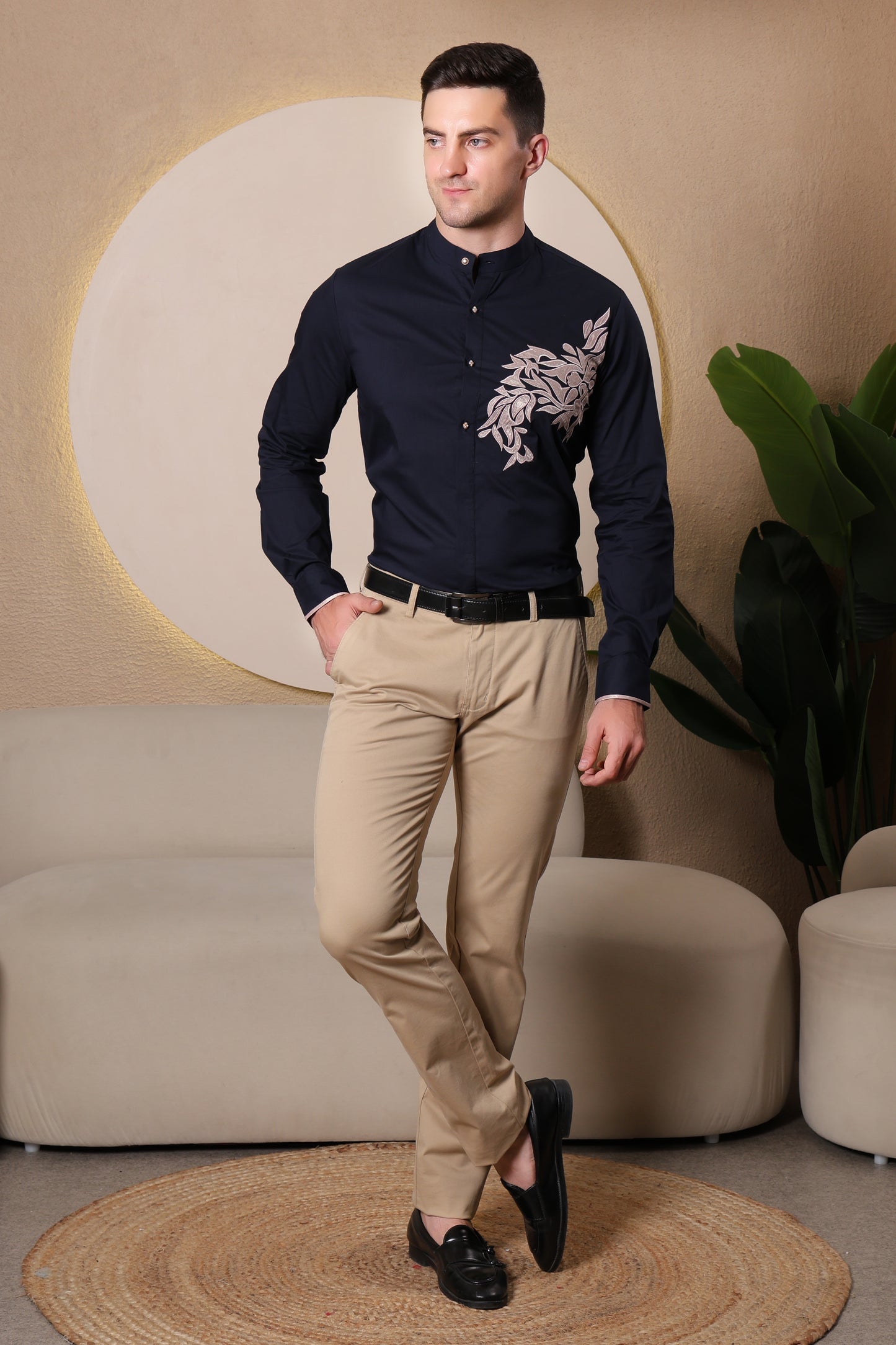 Pier Seven Ethnic Polycotton Embroidered Slim Fit Shirt for Men - Navy (PWE006) Pier Seven