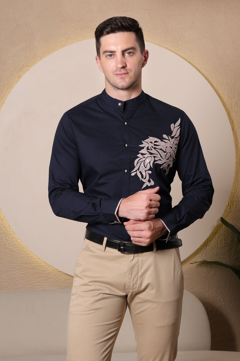 Pier Seven Ethnic Polycotton Embroidered Slim Fit Shirt for Men - Navy (PWE006) Pier Seven