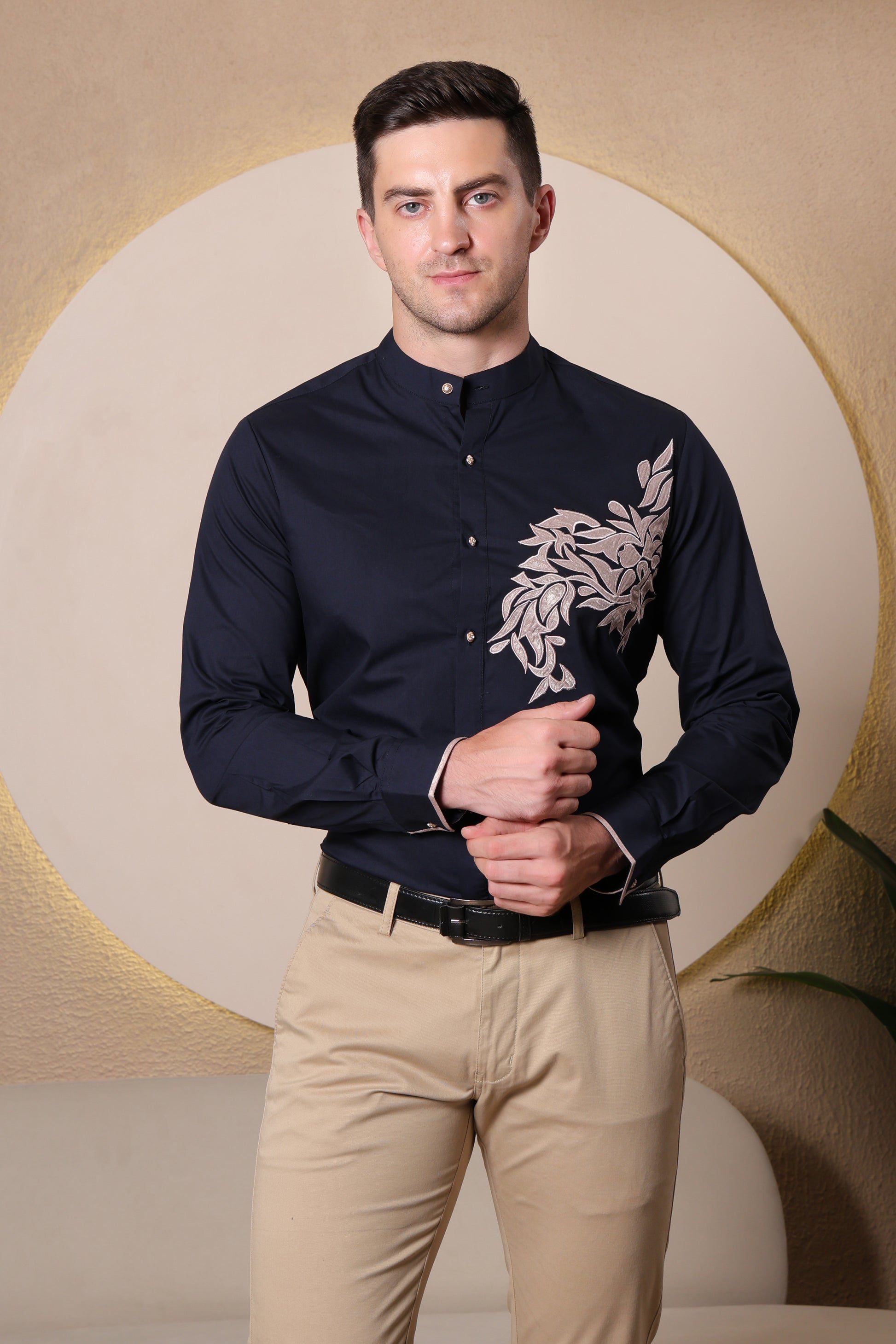 Pier Seven Ethnic Polycotton Embroidered Slim Fit Shirt for Men - Navy (PWE006) Pier Seven