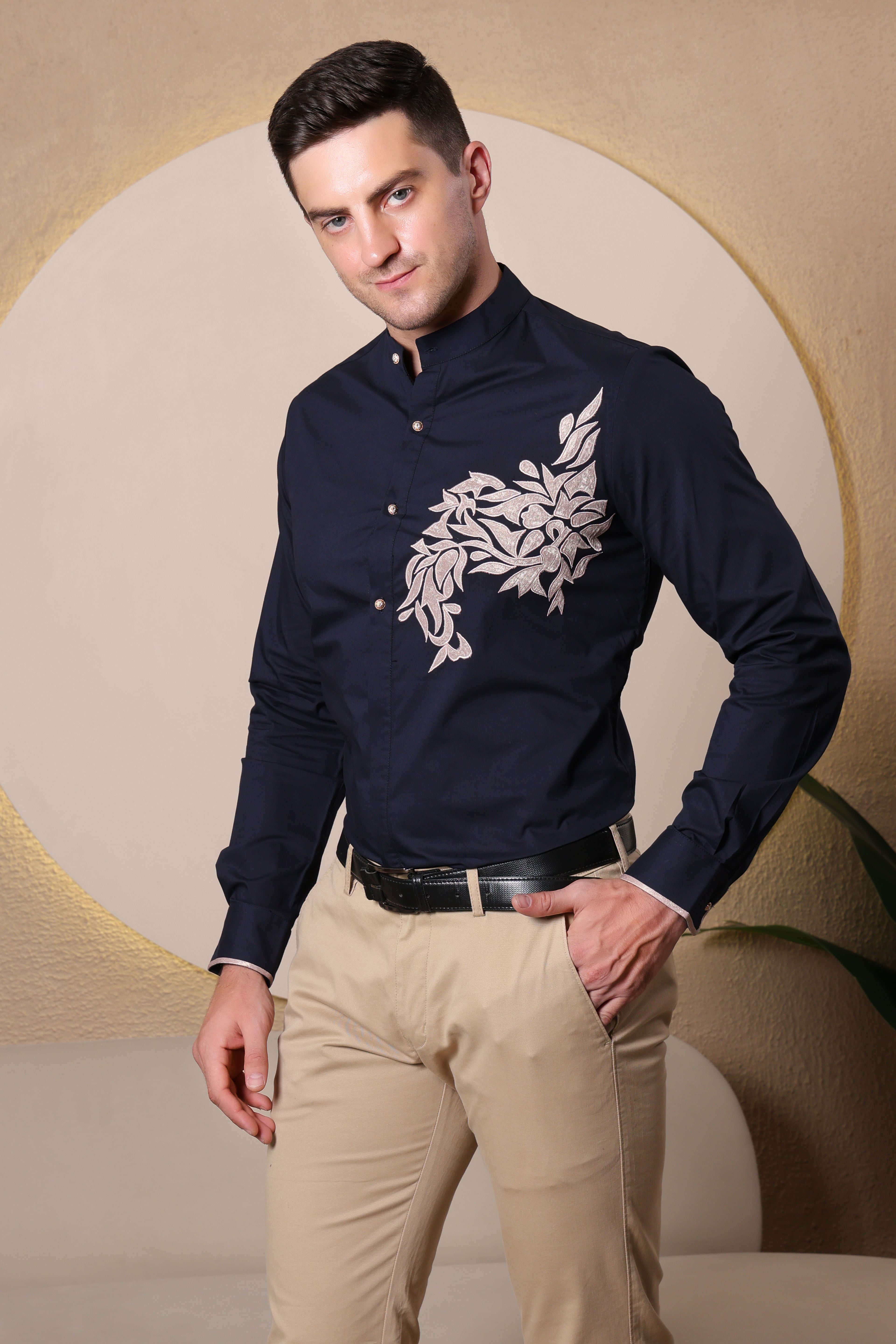 Pier Seven Ethnic Polycotton Embroidered Slim Fit Shirt for Men - Navy (PWE006) Pier Seven