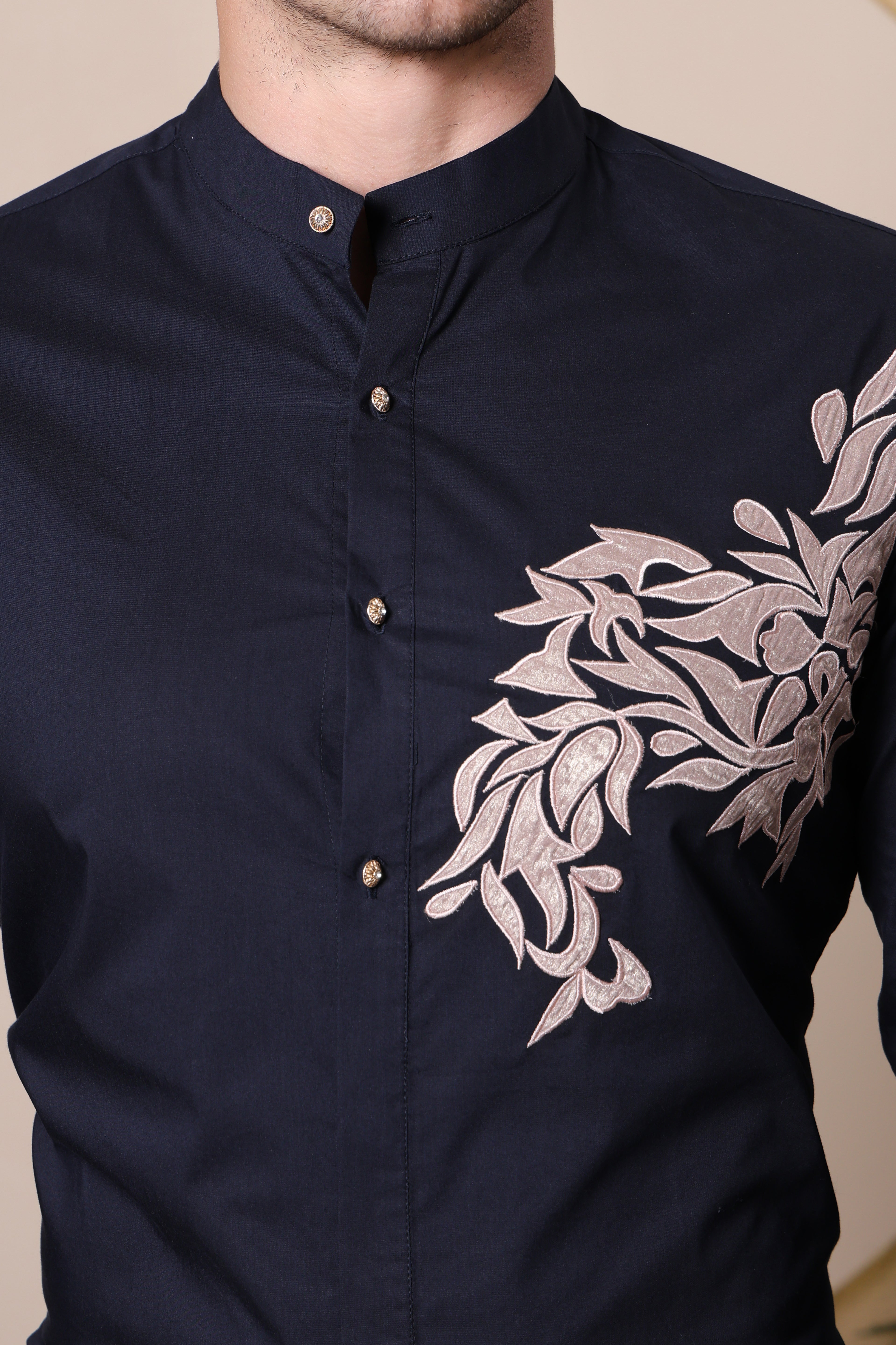 Pier Seven Ethnic Polycotton Embroidered Slim Fit Shirt for Men - Navy (PWE006) Pier Seven