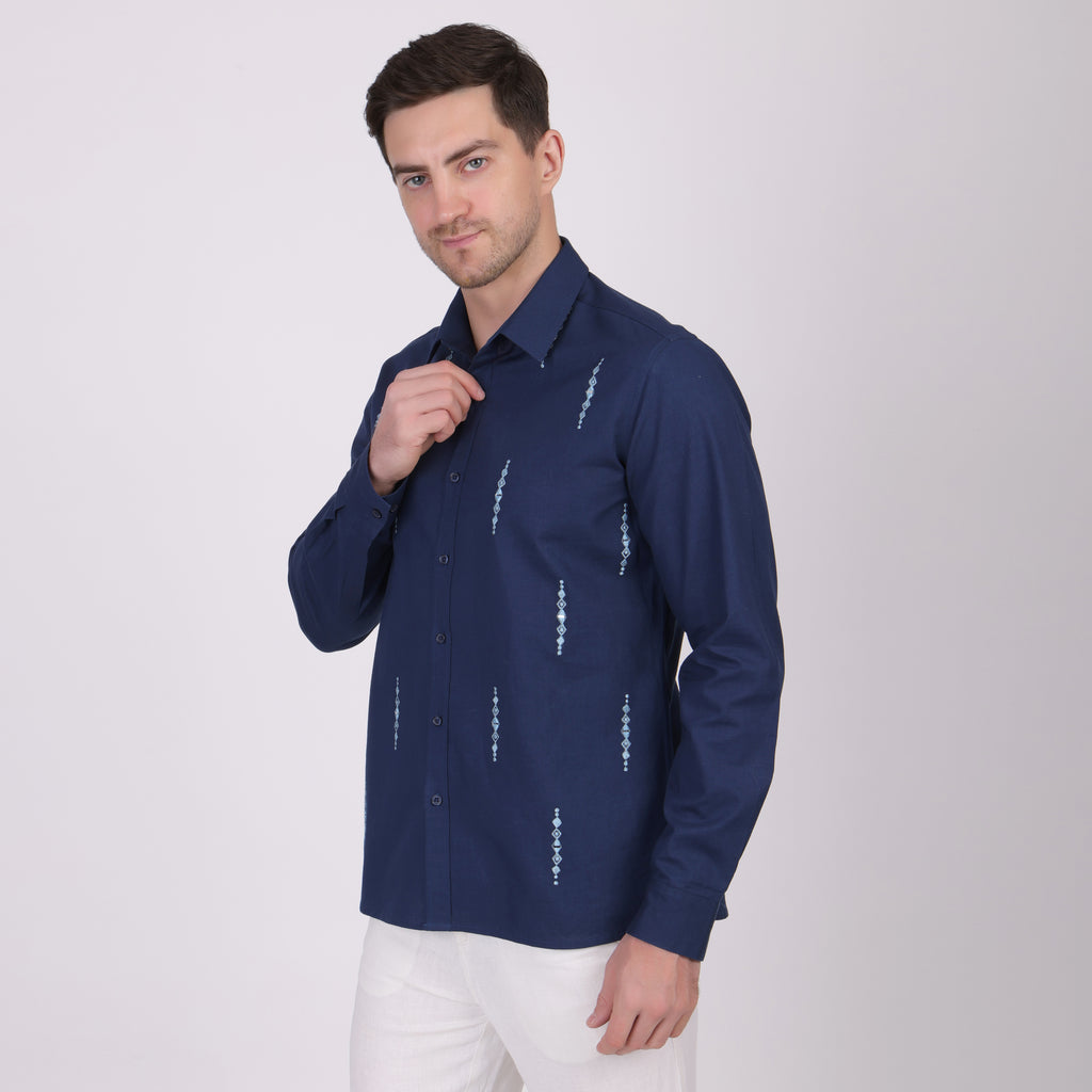 MIRROR WORK EMBROIDED ETHNIC PARTY SHIRT BLUE
